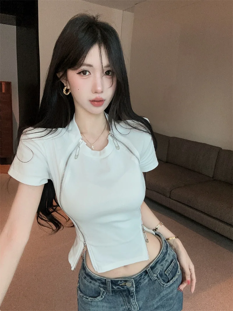 Spicy Girl Zipper Short Sleeve T-Shirt Women's Summer Slim Fit Patchwork Design Cool Trendy Top City Walk Pure Color Knitted