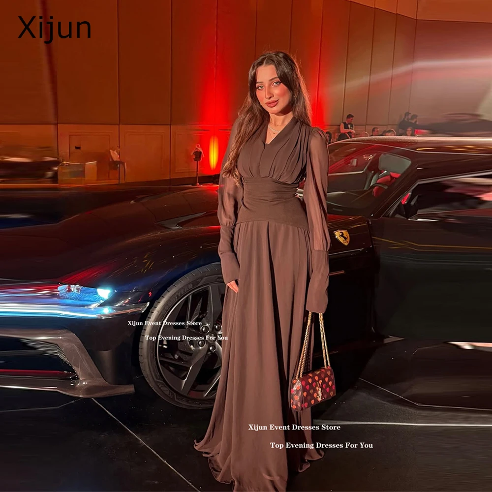 

Xijun Brown Chiffon Long Evening Dresses Full Sleeves V-Neck Formal Prom Dresses Saudi Arabic A-Line Dubai Prom Gowns Customized