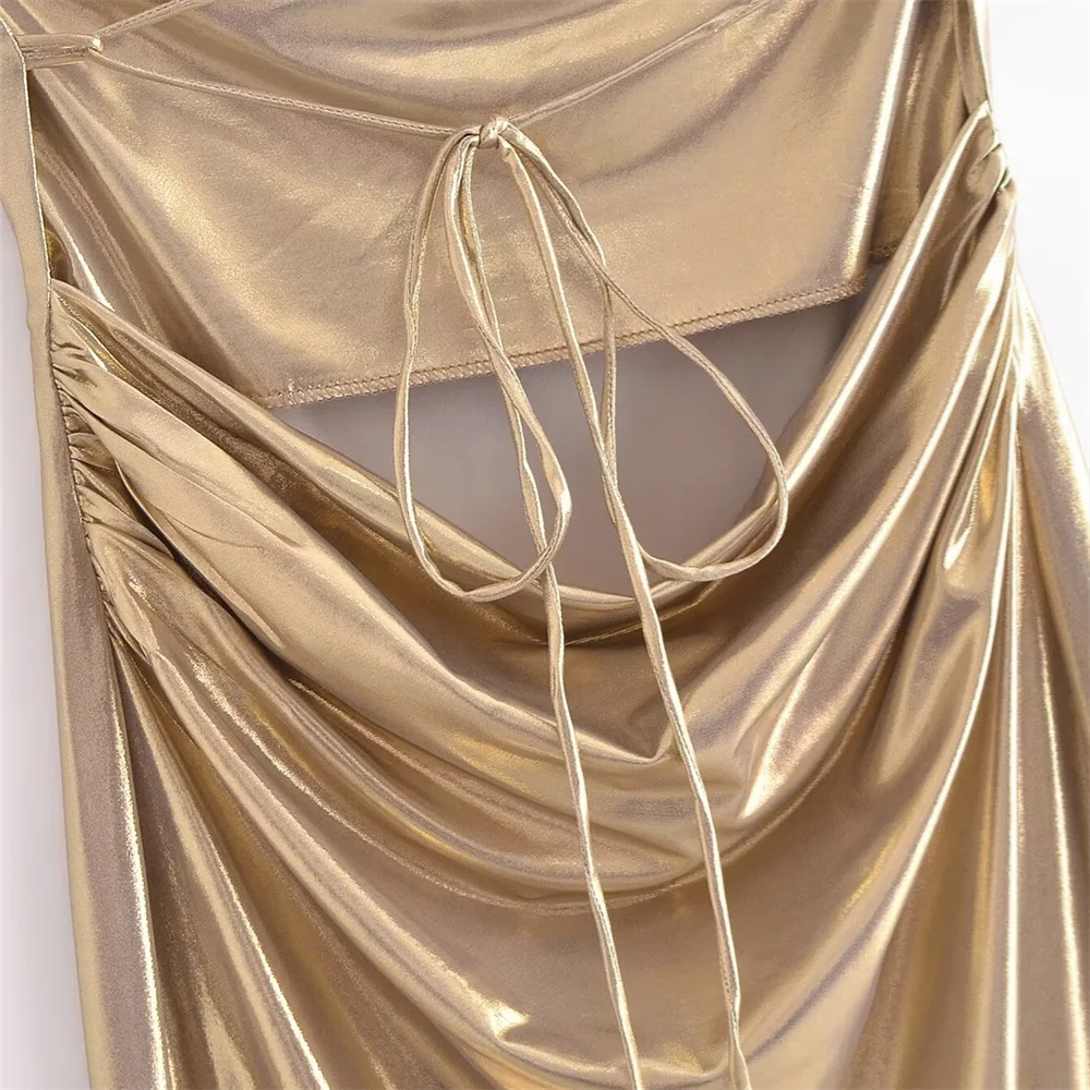 PB&ZA 2024 Spring New Women\'s Fashion, Elegance, Leisure and Versatile Gold suspender Dress