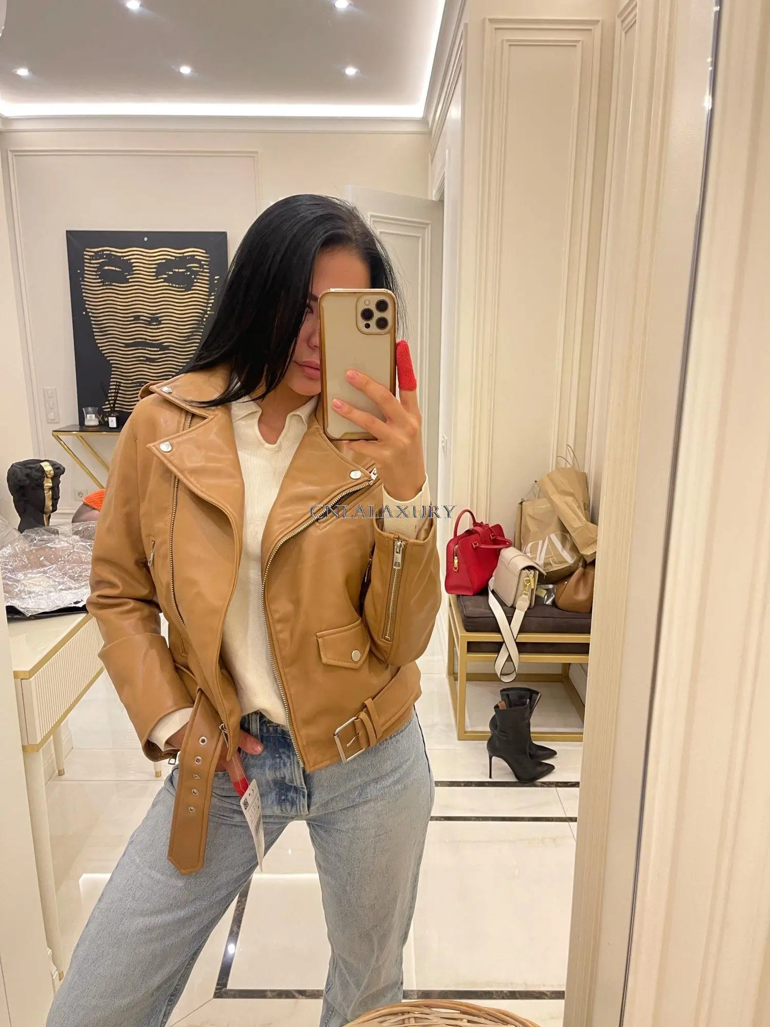 2024 Spring Autumn Women Blue Faux Leather Jacket Ladies With Belt Zipper Biker Coat Female Casual  motorcycle Jackets Outwear