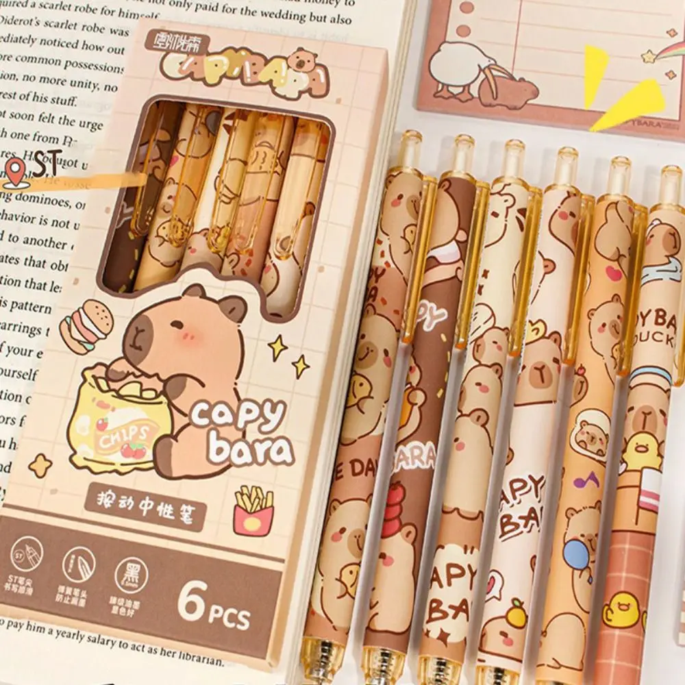 

6 шт., милая ручка с капибарой, черные чернила для письма, гладкие быстросохнущие офисные аксессуары, элегантные ручки, милые японские канцелярские принадлежности