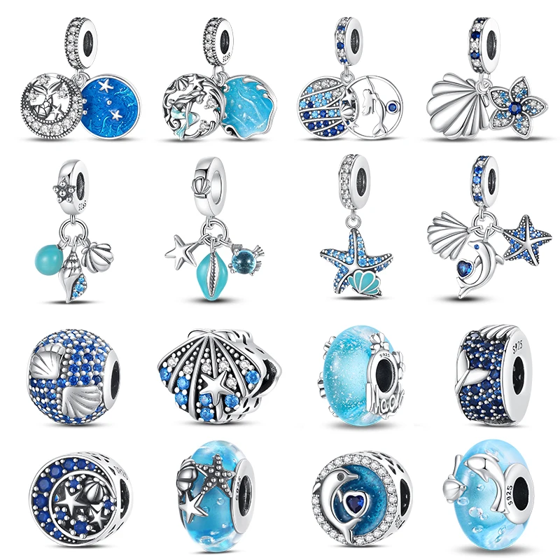 New 925 Silver Plate Ocean Series Mermaids Shell Charms Beads Fit Pandora 925 Original Bracelets Fine Birthday DIY Jewelry