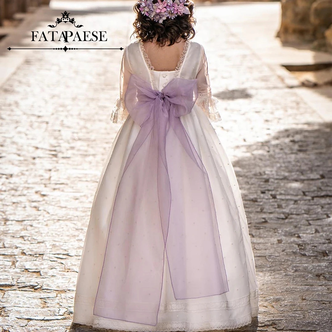 

FATAPAESE VestidodeCommunion Girl Vintage Princess Lace Floral Ribbon Belt Embroidery Tulle Gown Bridemi Primeracomunión