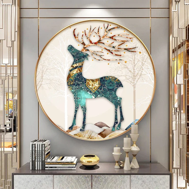 

Household Entrance Painting New Chinese round Living Room Background Wall Painting Corridor Aisle Light Luxury Elk Mural