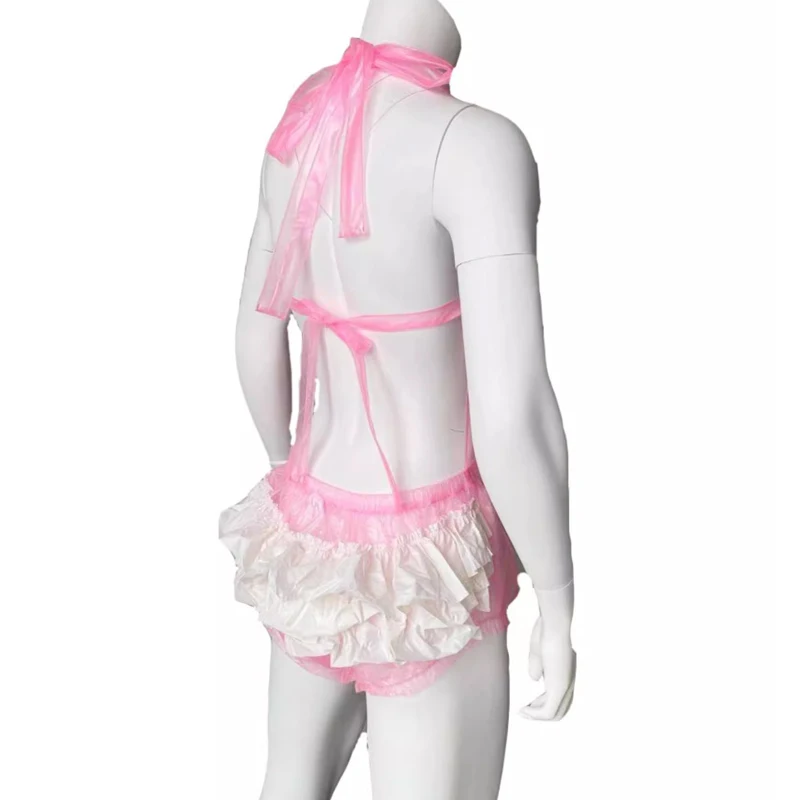 

Men See Through Pink ABDL Adult Baby PVC Plastic Jumpsuit Adjustable Ruffles Soft Silent Women Playsuit Waterproof Diaper pants﻿