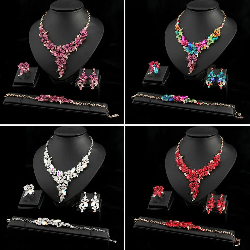 

Bridal Wedding Jewelry Set Crystal Rhinestone Necklace Earrings Bracelet Ring