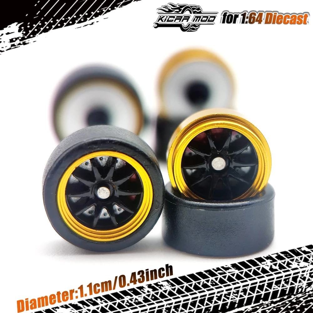 Kicarmod 1/64 금속 림 모델 휠, 플라스틱 스포크 및 브레이크 디스크 휠 직경 11mm 핫 휠, 취미 컬렉션 1 세트