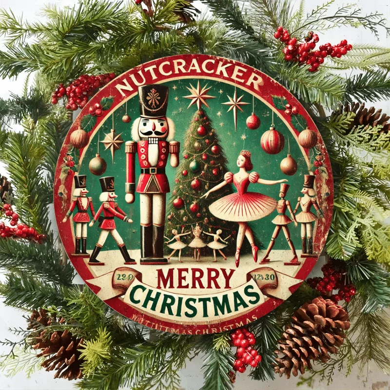 Christmas Nutcracker-Themed Metal Wall Sign, 8x8 Inch Round Iron Decor for Bar, Cafe, Club, Kitchen