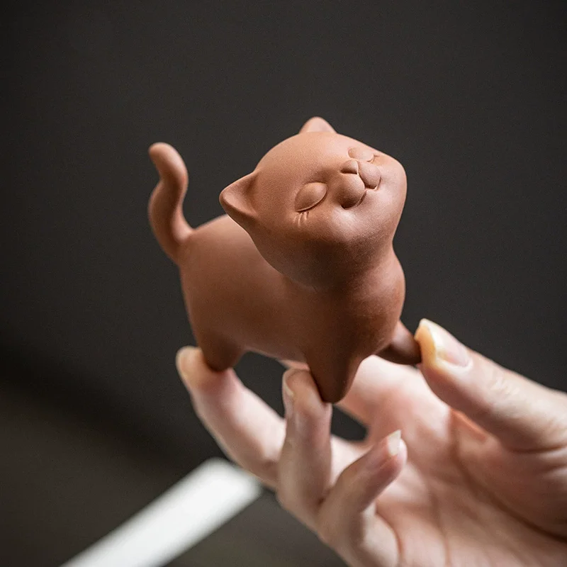 

Chinese Purple Clay Tea Pet Good Luck Handmade Cat Animal Statue Ornaments Sculpture Crafts Tea Figurine Decoration Tea Set 1pcs