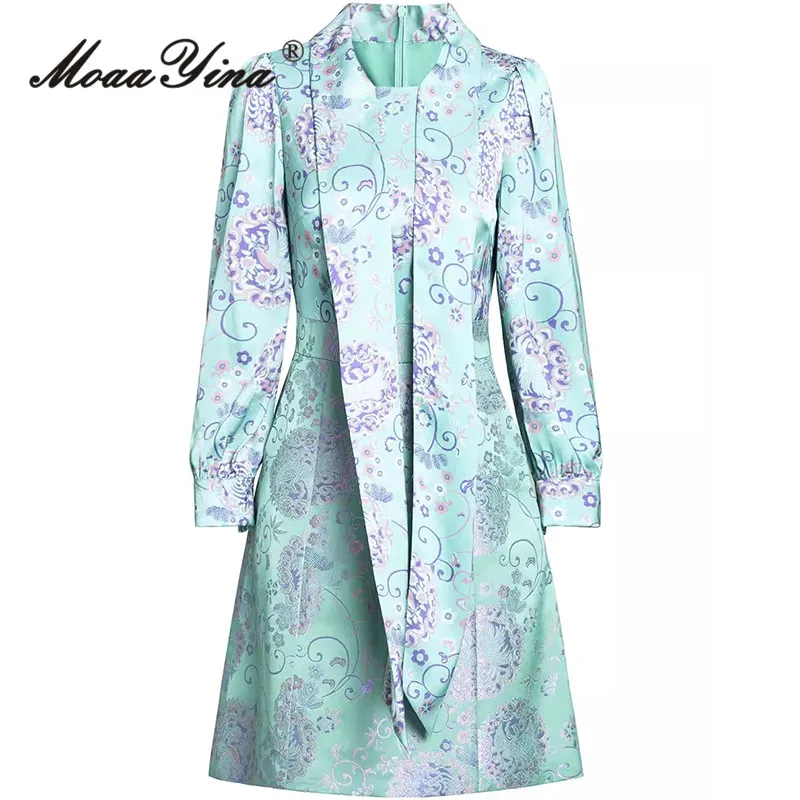 

MoaaYina Autumn Winter Women's Dress Scarf Collar Bow Fashion Lantern Sleeved Slim Vintage Print Elegant Mini Dress