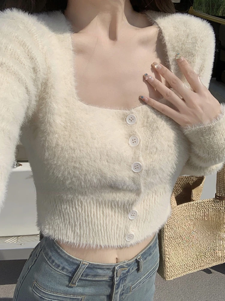 

Square Collor Knit Sweater Women Sweet Y2k Crop Tops Female 2022 Autumn Pure Color Elegant Pullover Korean Clothing Chic