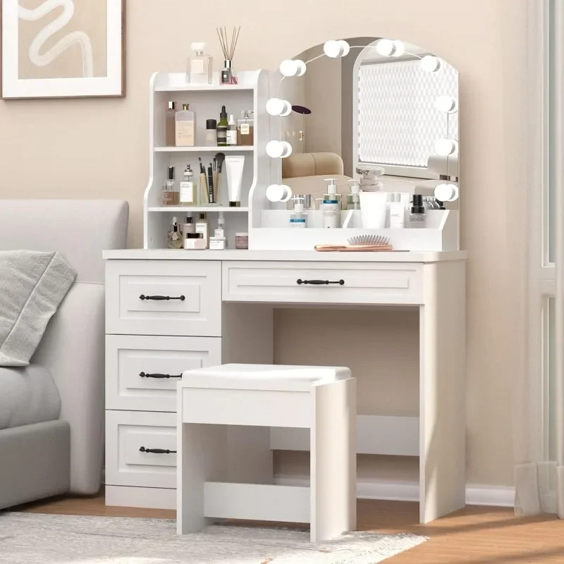 White Vanity Set Makeup Table with 4 Drawers Lots Storage, 3 Lighting Colors