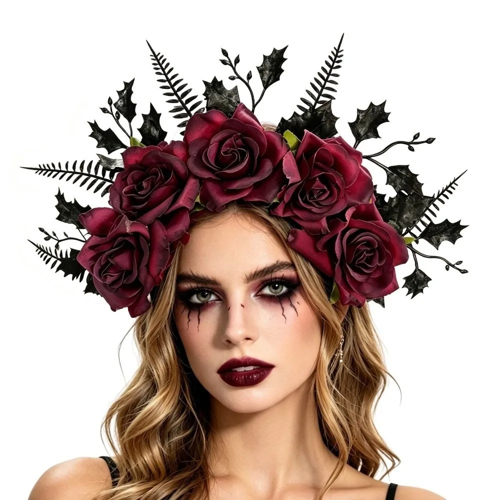 Unique Elegant Style Halloween Rose Headband Simulated Vintage Artificial Flower Headband Leaf Flower Crown Hair Hoop Party