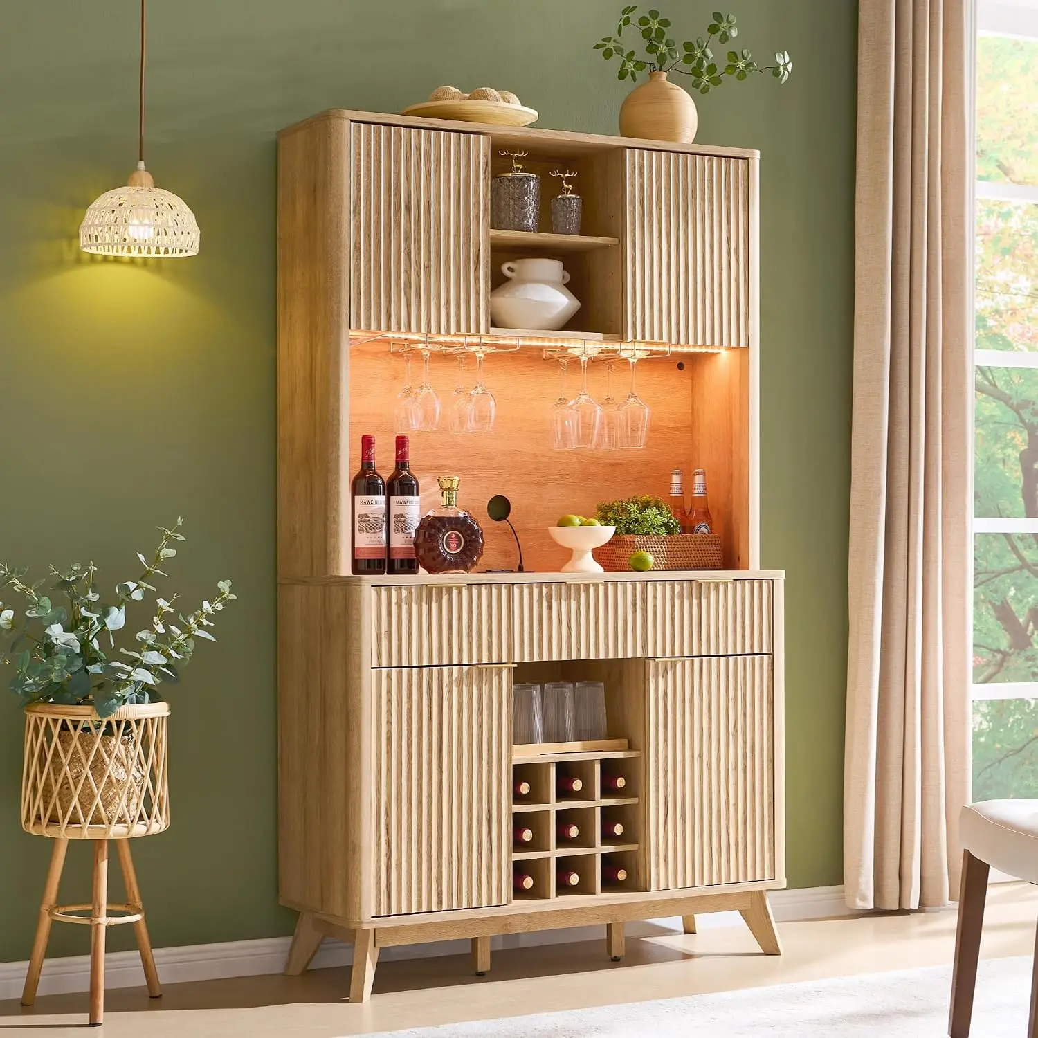 Power Outlets, Led Lights, 4 Stemware Racks, 9 Wine Racks, 3 Drawers, 4 Cabinets, 2 Open Shelf, Home Bar Storage