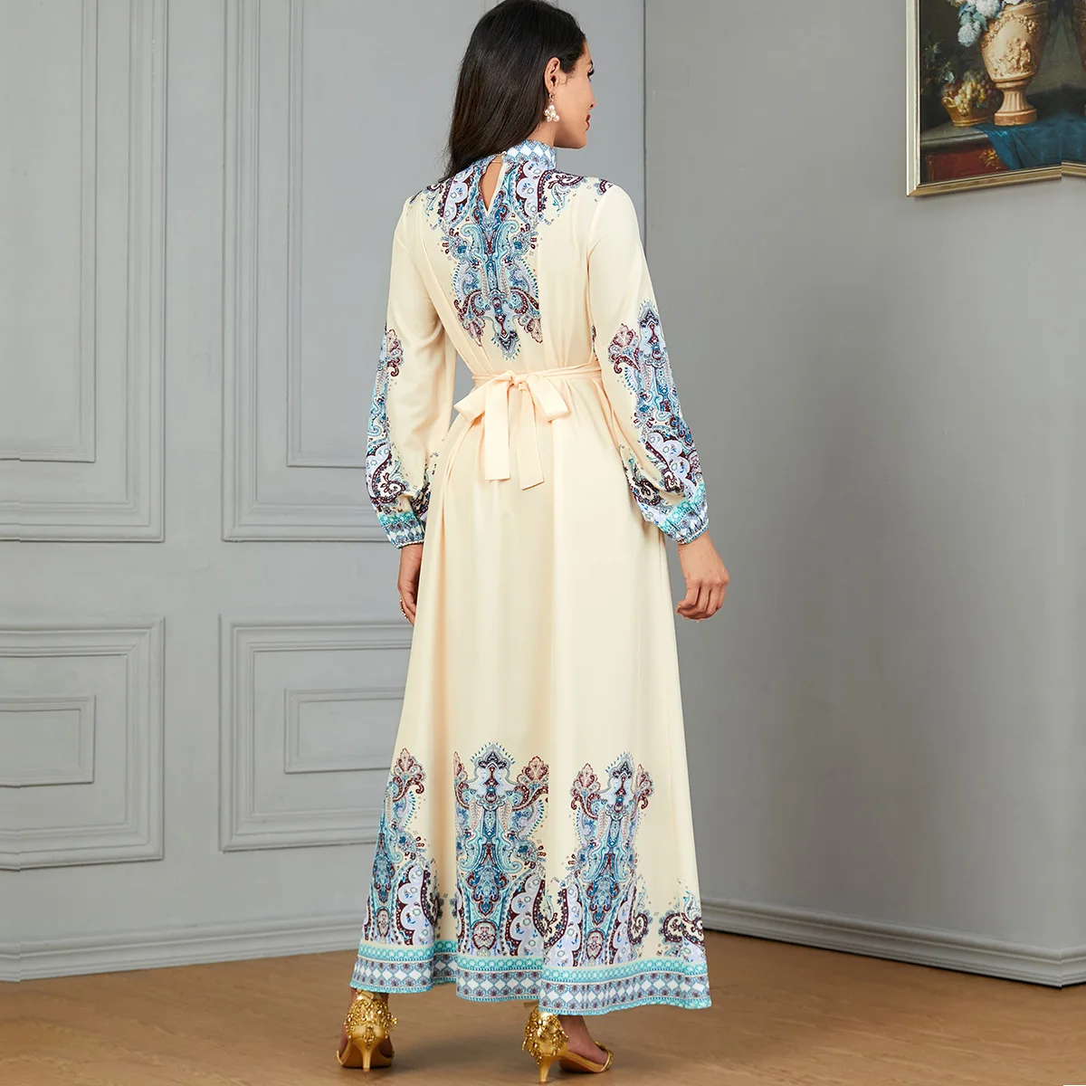 3886 Positioning Digital Printed Robe Dubai Muslim Dress