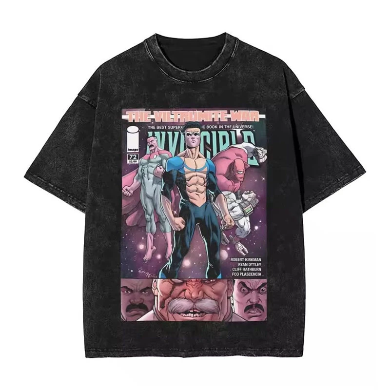 2026 Pop Invincible Animation Mark Washed Vintage T-Shirt Loose Fit Men's and Women's Trendy Printed Couple Short Sleeve Shirt