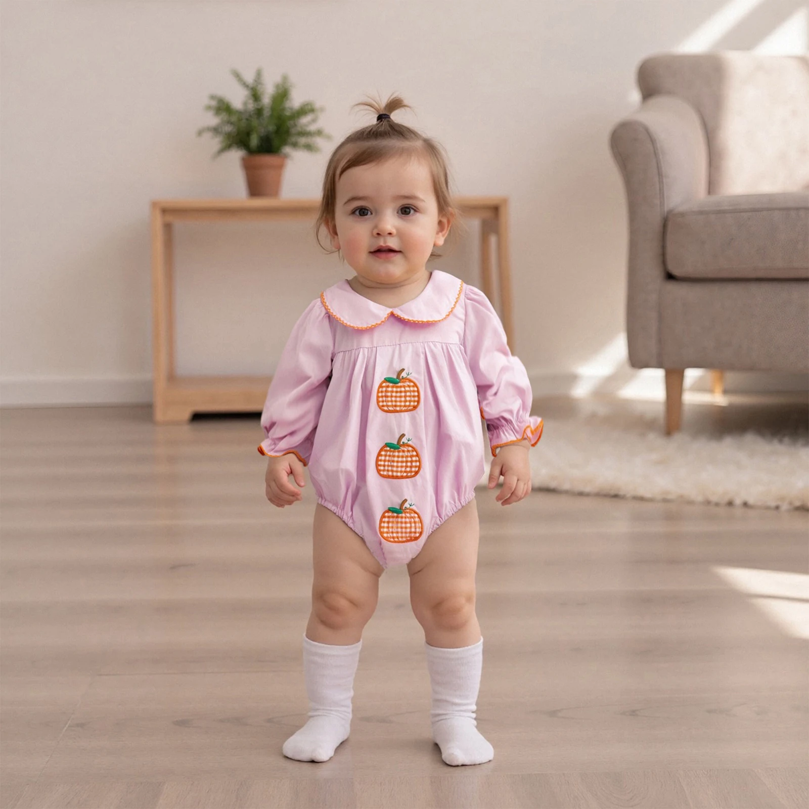 

Baby Clothing Girl Halloween Romper Pumpkin Embroidered Doll Collar Long Sleeve Bodysuit Cute Fall Clothes