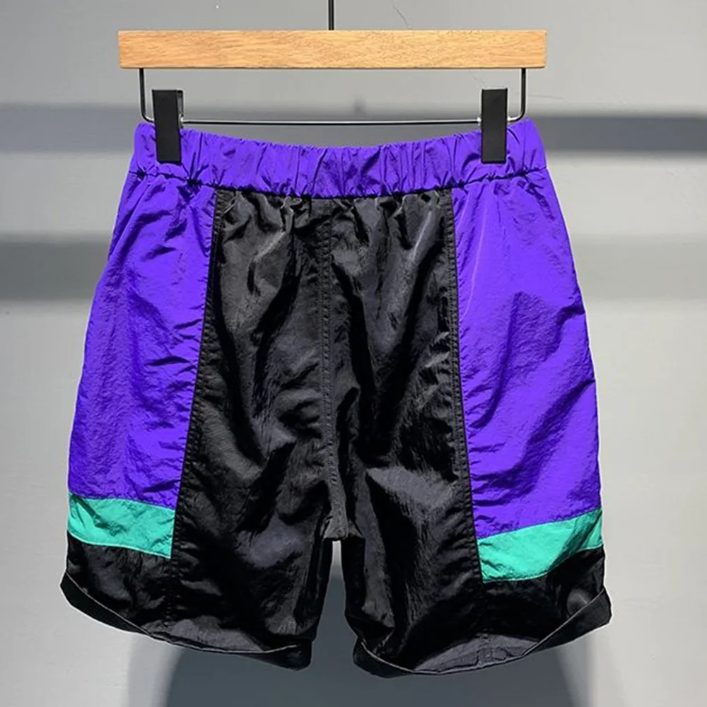 Mens Y2k Casual Shorts 2024 Summer Hong Kong Style Fashion Color Matching All-Match Quick-Drying Drawstring Straight Pants Men