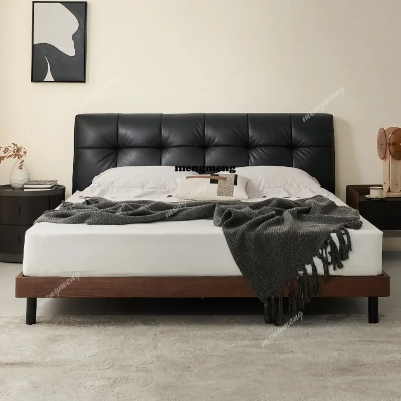 H132 Medieval solid wood bed black first layer cowhide soft bag master bedroom 1m double bed solid wood row skeleton