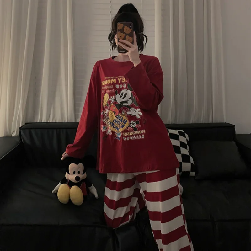 Cartoon Disney Couple Pajamas Autumn Cotton Crew Neck Long Sleeve Pants Two-piece Mickey Mouse Loungewear Women\'s Pajamas