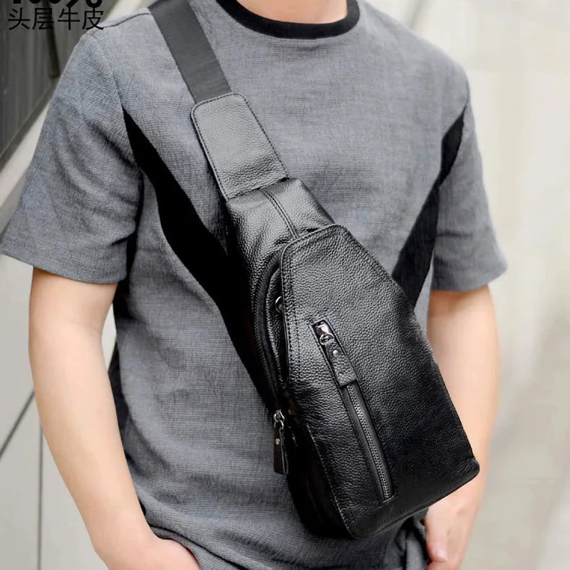 حقيبة صدر من جلد البقر الأسود للرجال من الجلد الطبيعي حقيبة كتف كاجوال للرجال بكتف واحد أو حقيبة كروس #3