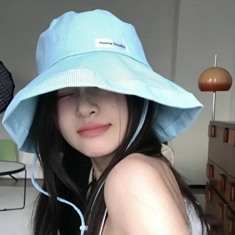 

Women's Bucket Hats Striped Simple Fashionable Versatile Trendy Sweet Korean Bucket Hats Hiking Outdoor Large Brim Sun Funny Hat