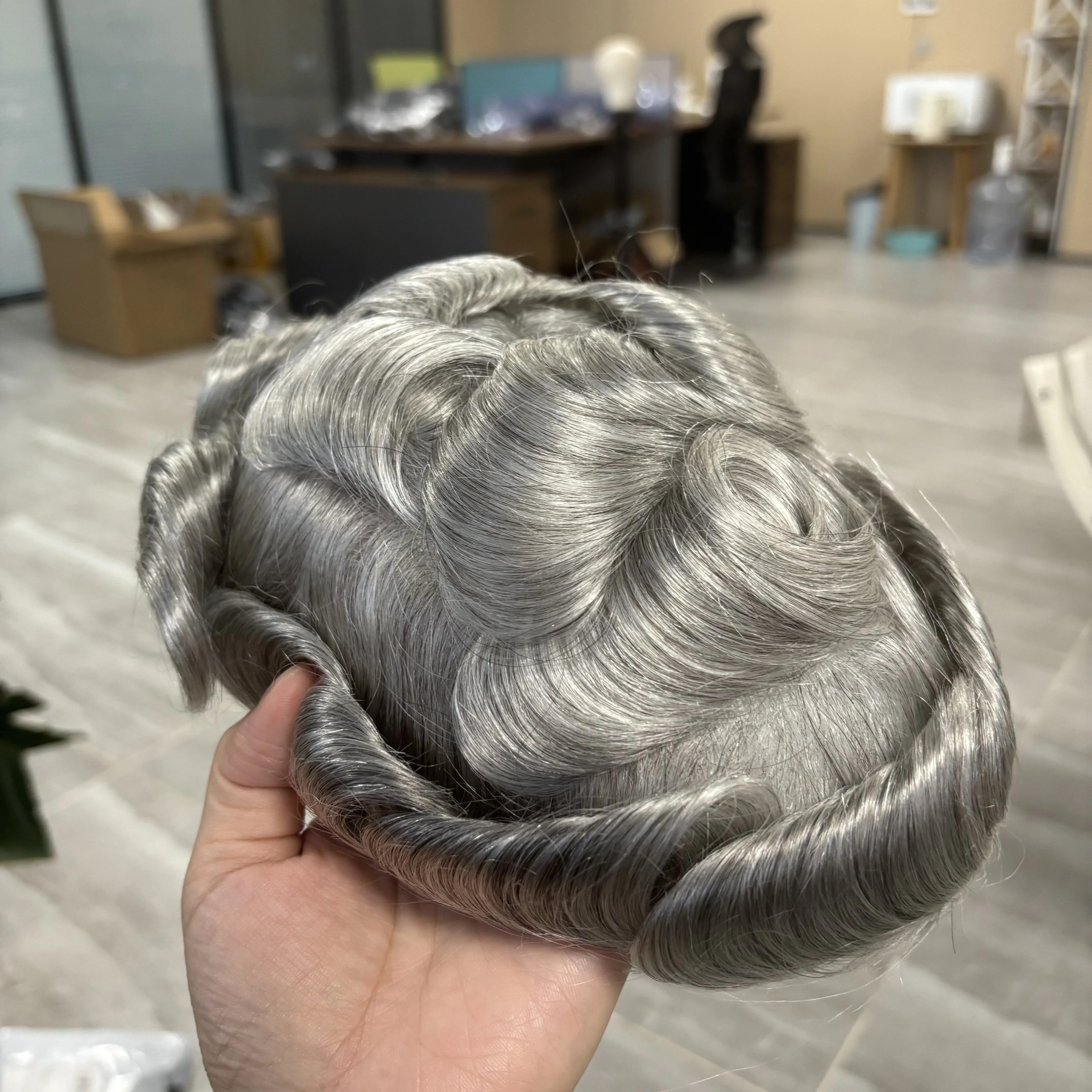 마이크로 슈퍼 씬 0.02mm 스킨 베이스 # 1B65번 # 420 브라운 회색 머리 남성 부분 가발 100% 인모 모발 보철 헤어피스