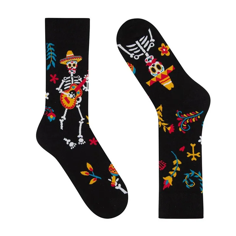 Sugar Skull Guitar Flower Crew Socks Day Of The Dead Mexico dia de Muertos calzini colorati in cotone scheletro Unisex donna uomo calzini