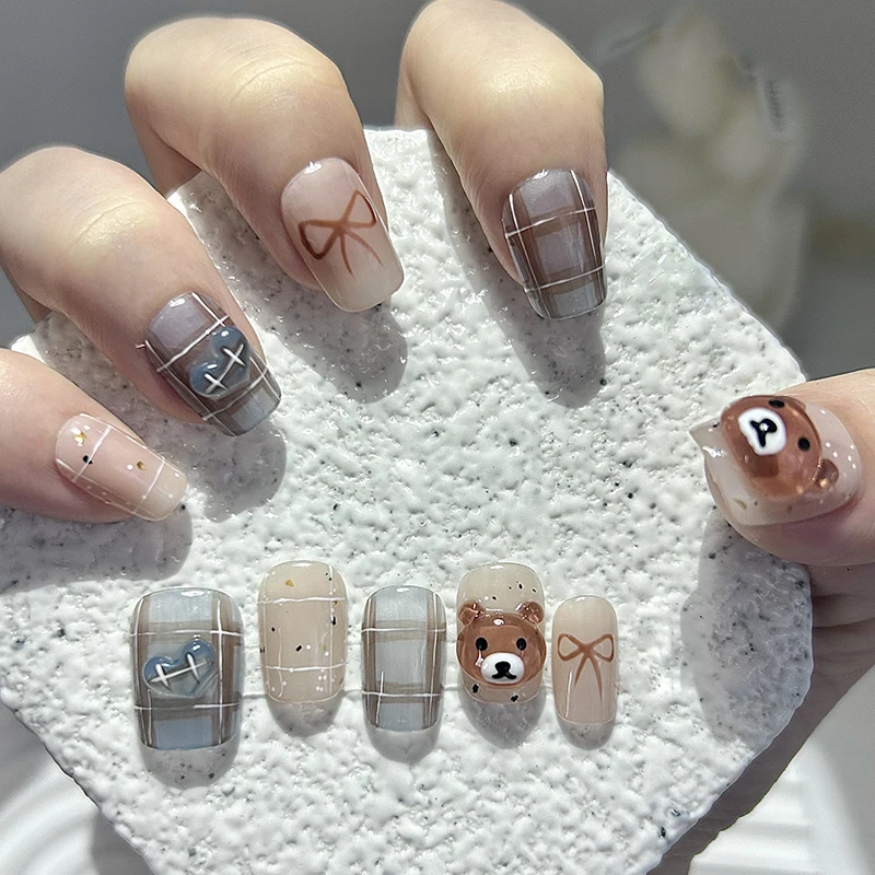 

10 Pieces Autumn and Winter Press On Nails Handmade Maillard Color Bear Plaid Brown Short Nails Wear Fake Nail Patches Removable