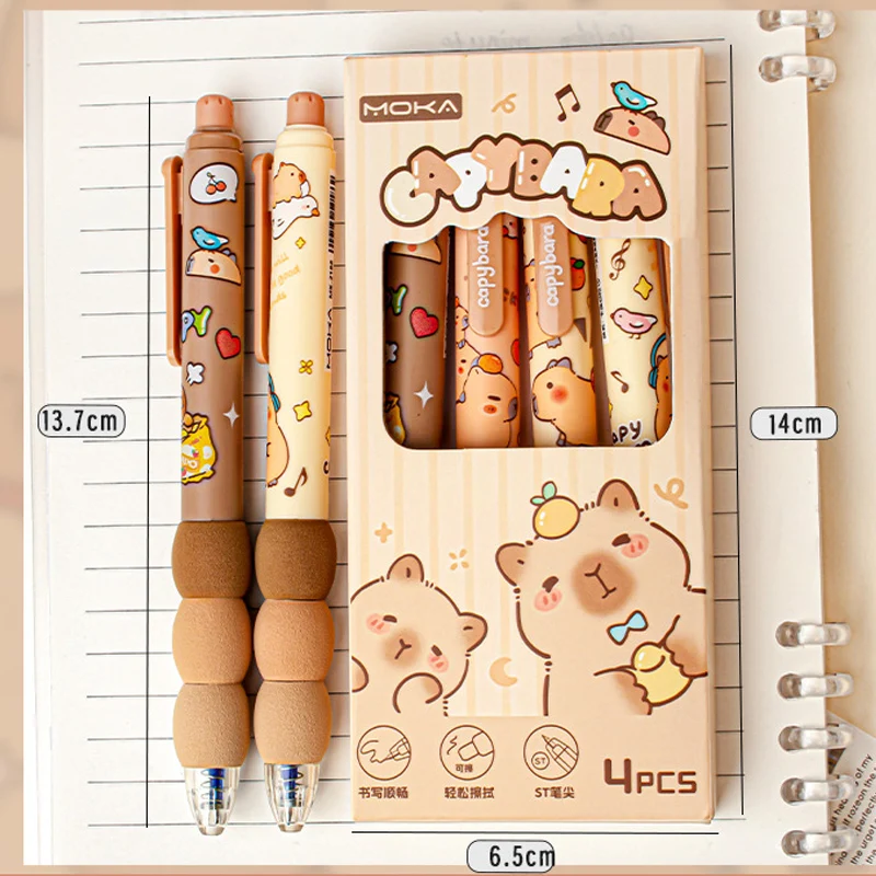 4Pcs Cute Cartoon Capybara Retractable Erasable Gel Pens Gradient Grip 0.5mm ST Nibs Blue Ink Refillable Writing Supplies