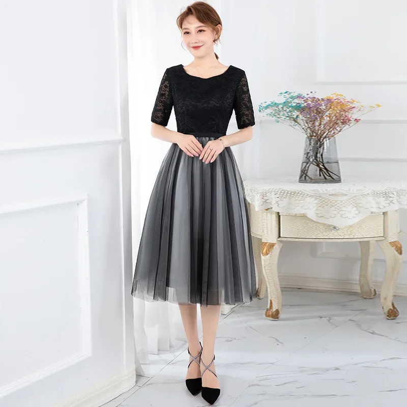 

Black Evening Dress 2025 New Fashion Casual Dress Mid-length Banquet Party Dresses Half Sleeve Lace O-neck a Line Formal Dresss