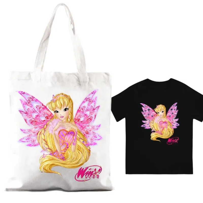 Cartoon C-Club Cute W-Winx Women Shoulder Bags Couple Combination Clothes Short Sleeve Collar Fashion T shirt Man Cotton