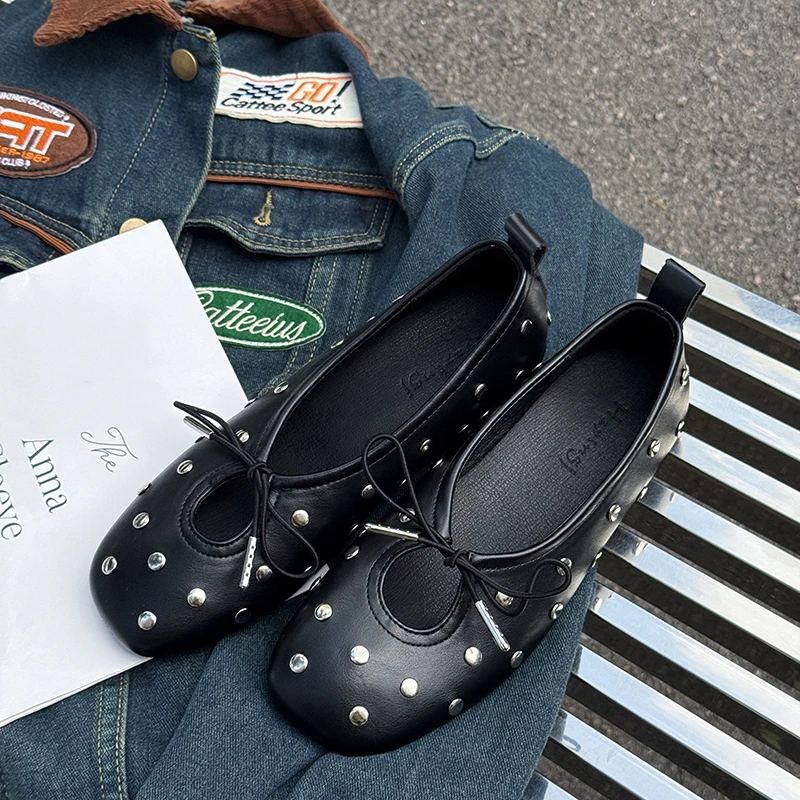 Retro Schwarze Nieten-Schleifen-Ballettschuhe für Damen, Einfarbige Flache Mary Jane Schuhe mit Flachem Absatz – Detail 12