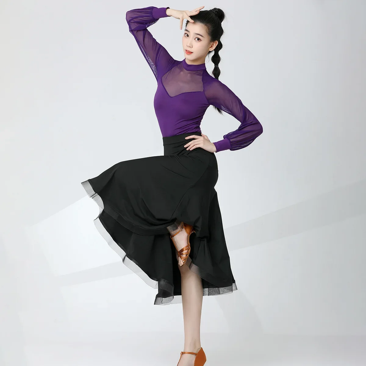 2023 New Adult Women Latin Dance Costmues  Female Gauze Bubble Long Sleeve Purple Top Ballroom Sexy Transparent Stage Body Suit