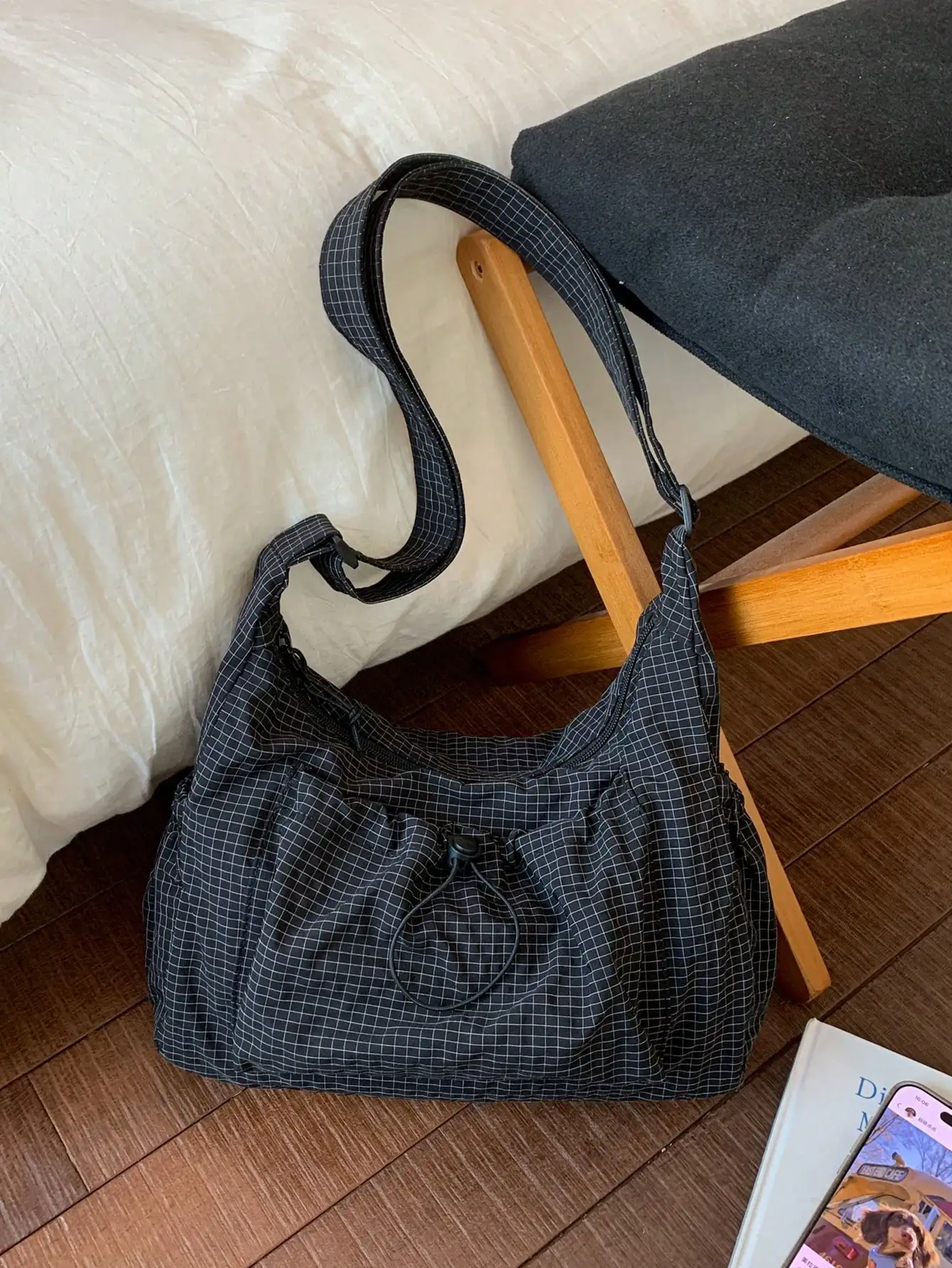 

Black Grid Print Pleated Shoulder Bag with Drawstring Front Pocket