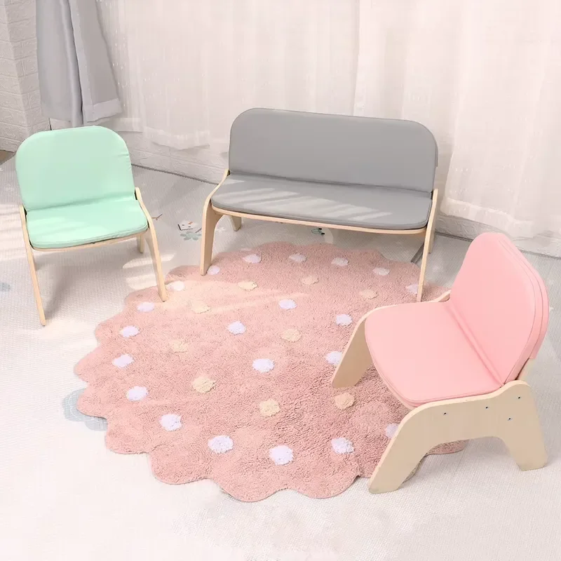 Cute Kindergarten Children Sofa Chair Wooden Leather Cushioned Baby Seat Low Bench for Kids