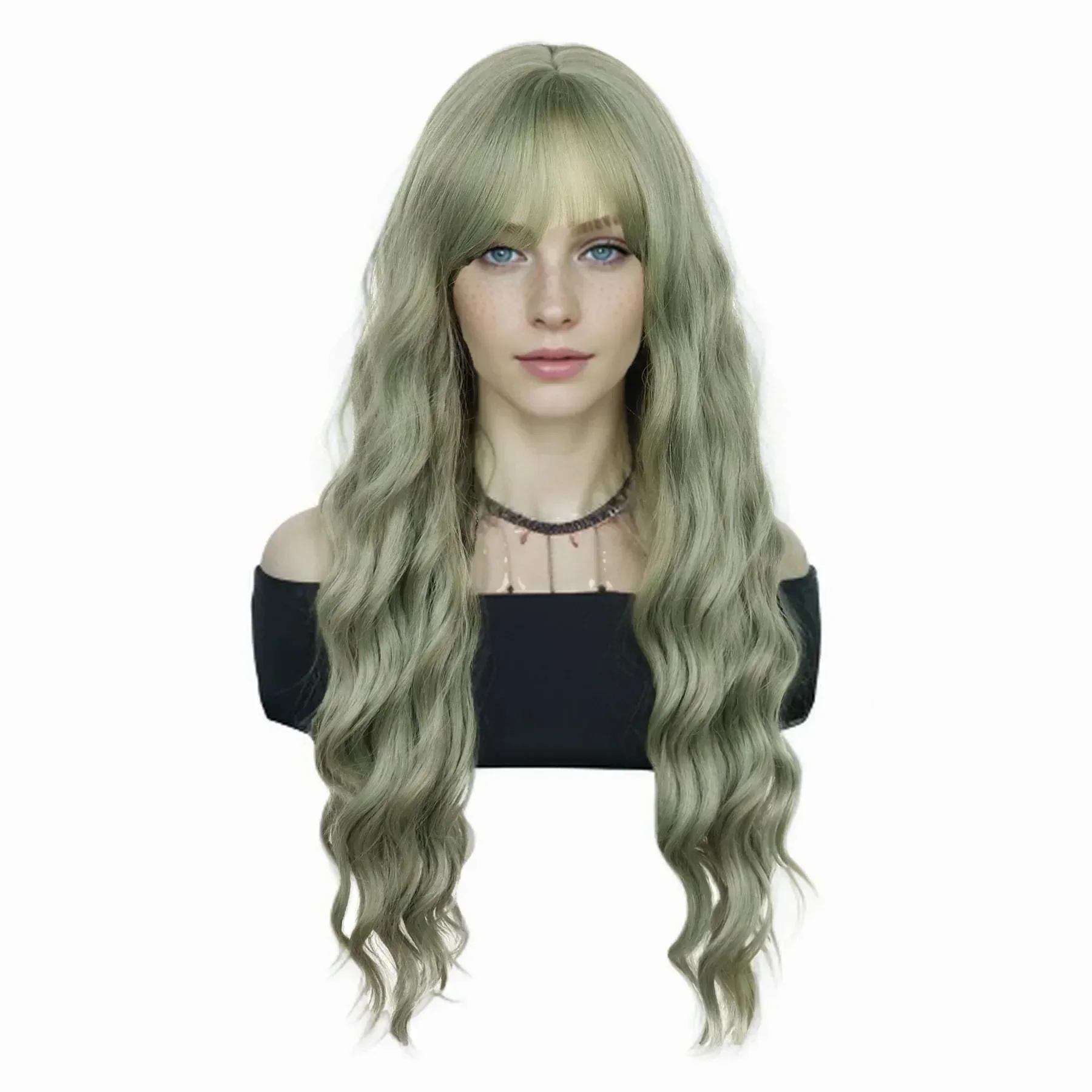 Synthetic Green Wigs Cosplay Long Water Wavy Wig with Bangs for Women Girls Halloween Wig Costume Carnival Party Christmas Use