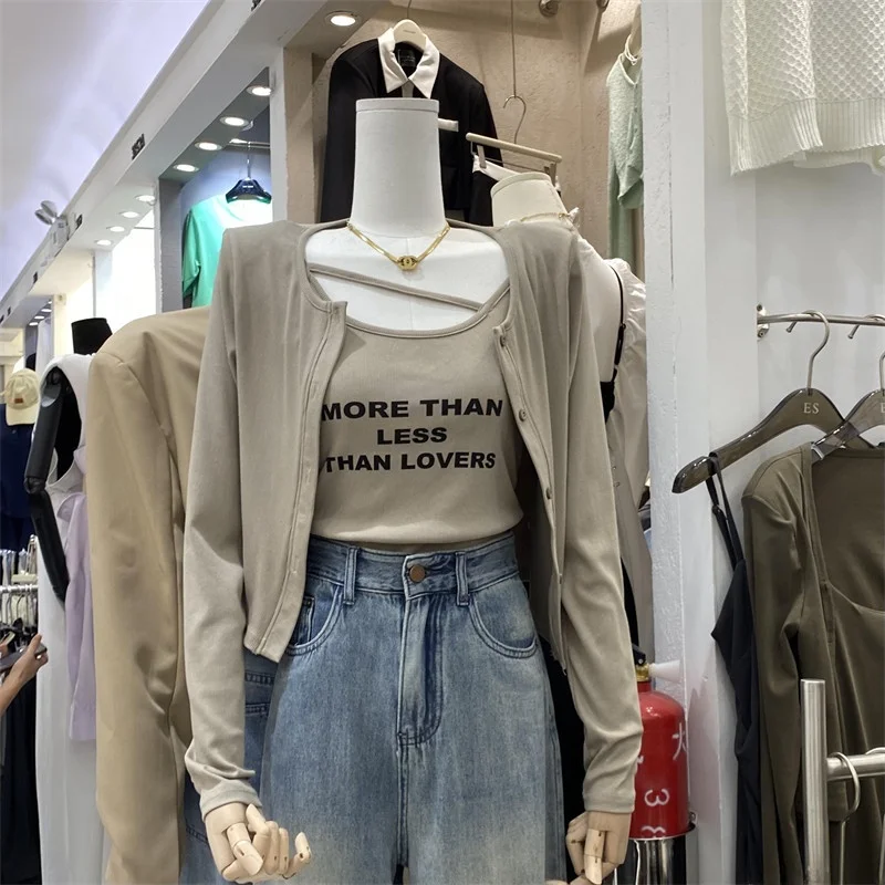 

Women's Long Sleeve Printed Tank Top Vest Two-Piece Set Korean Style Slim Fit Cotton Blend Polyester Spandex Summer Outfit
