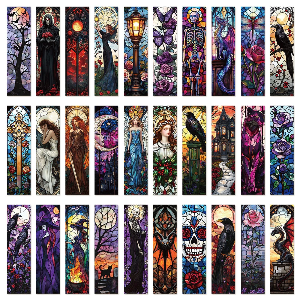 30PCS Gothic Colored Window Glass Style Bookmark Retro Illustration Dark Cartoon Halloween Crow Witch Book Page