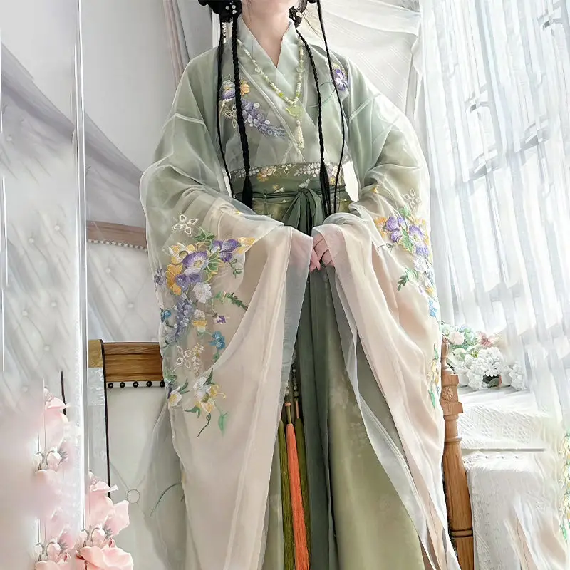 당나라 루 스커트 여성용 꽃무늬 프린트 요정 드레스 우아한 중국 전통 한푸 의상 시크 파티 드레스