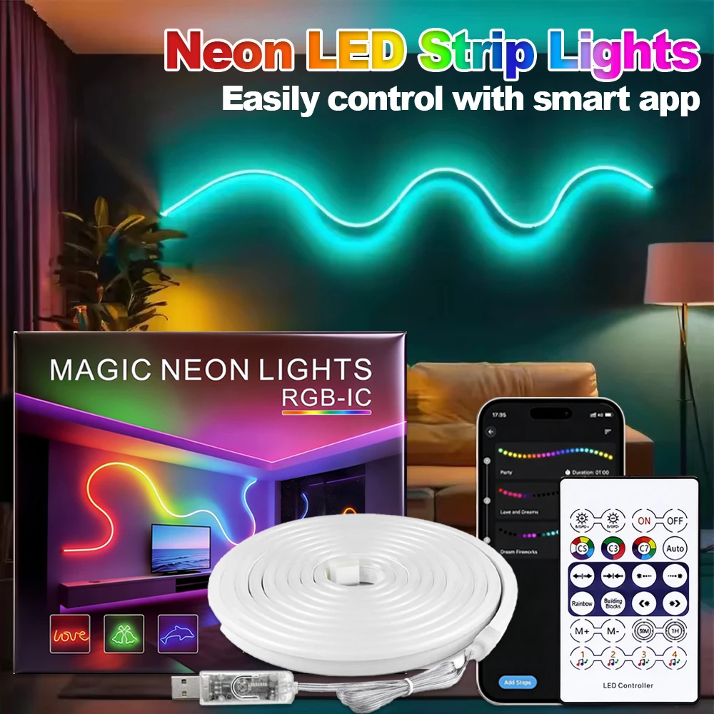 USB 5V Flexible Silicone Neon Rope Lights IP67 for Home Game Room Bar Decor  RGBIC Addressable Neon LED Strip Light DIY Shape 5V