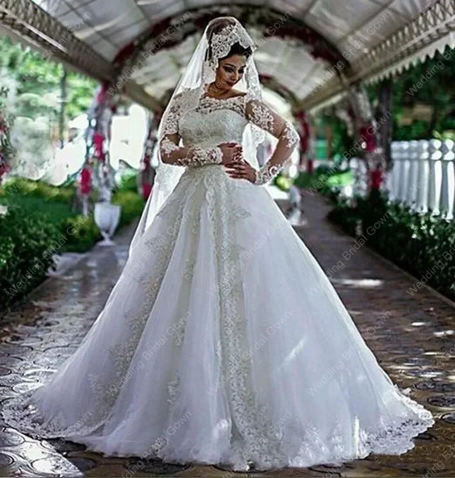 Maßgeschneiderte schulterfreie Applikationen, Spitze, 2024, transparente lange Ärmel, Brautkleid in Übergröße, Hofzug, Brautkleider, Vestidos