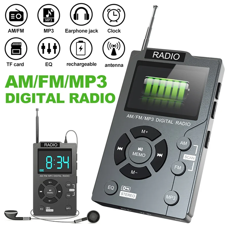 Portable Mini Radio Pocket AM FM Digital Radio Receiver Auto-Search Channel TF Card MP3 Music Player