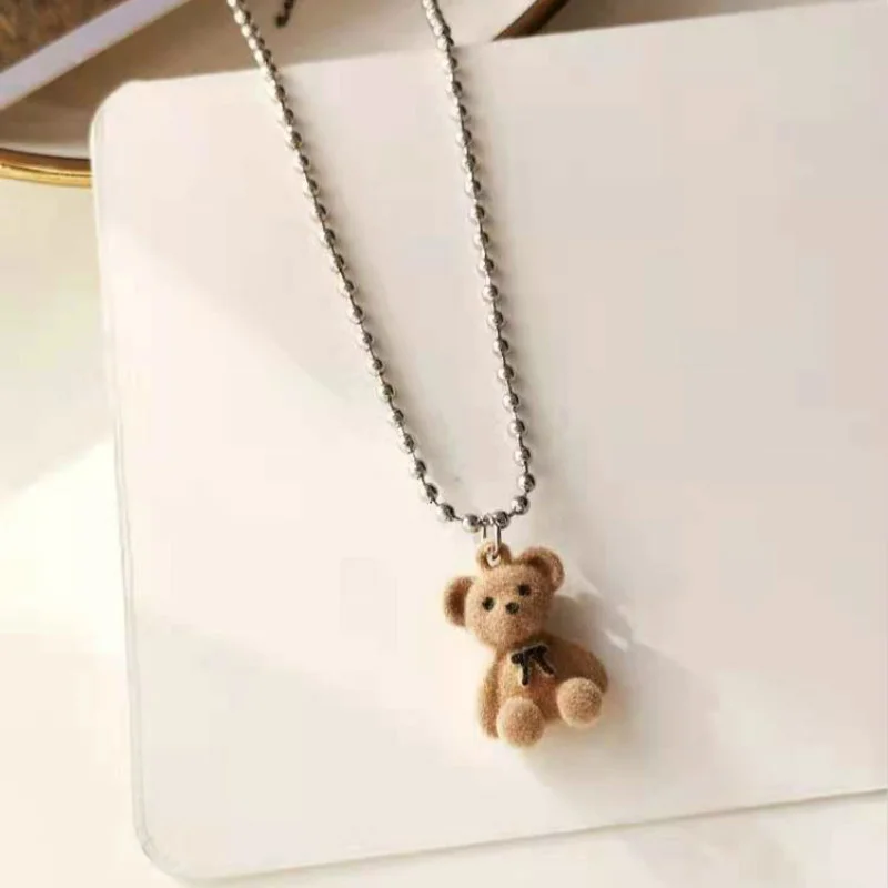 Korean CuteTeddy Bear Pendant Necklace for Girls Women Fashion Kawaii Bear Long Sweater Neck Chain Necklaces Cute Collar Jewelry