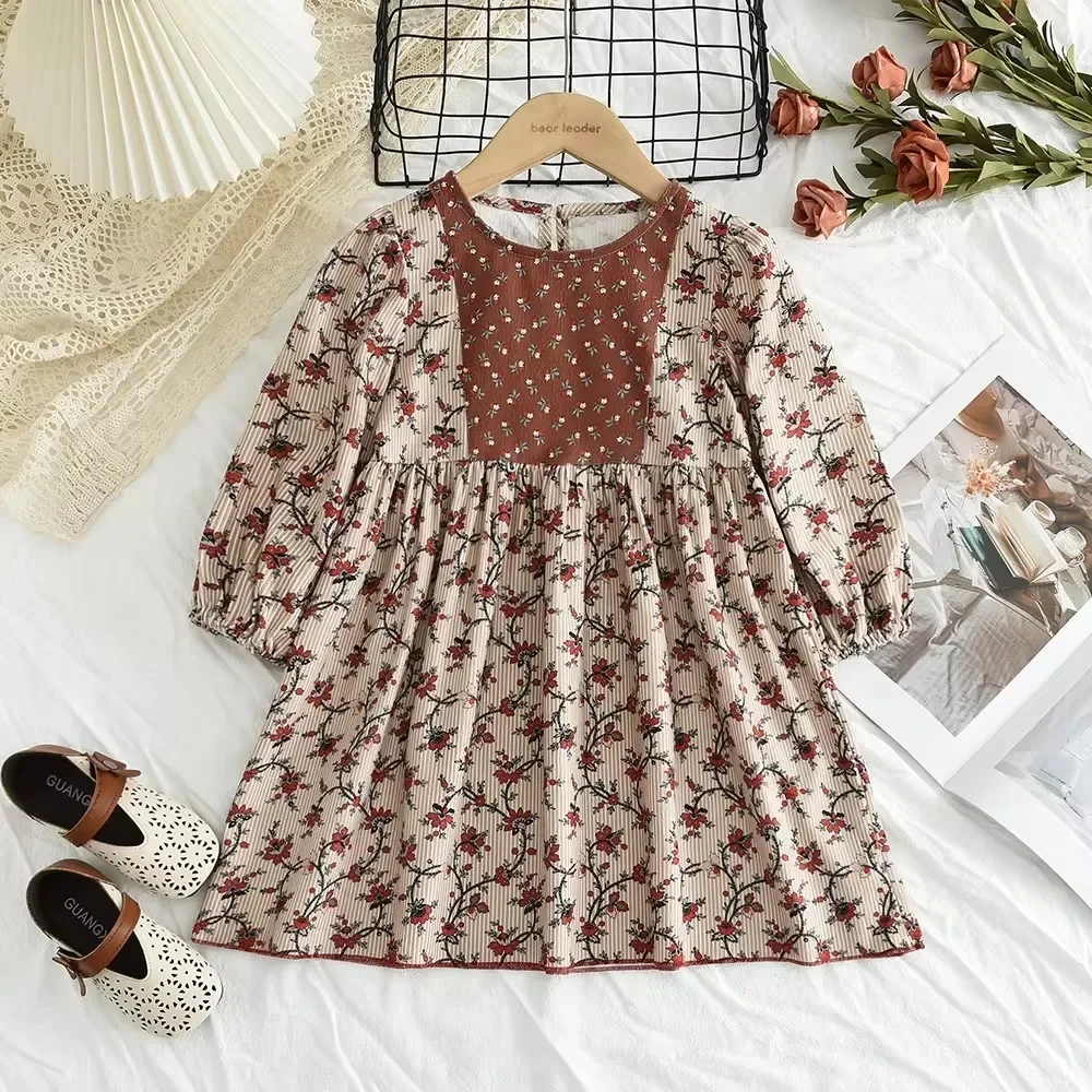 

Casual Children's Clothing Spring and Autumn Fashion Khaki Round Neck Long Sleeved Kids Dresses for Girls Flower Print Dress