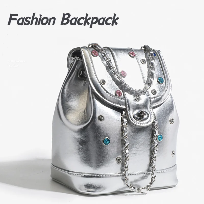 Fashion Leather Backpacks for Women 2024 Lady Multicolour Rhinestones Large Capacity Chain Handbags Luxury Double Shoulder Bags