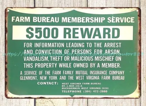 West Virginia Farm Bureau $500 Reward metal tin sign mancave wall art decor