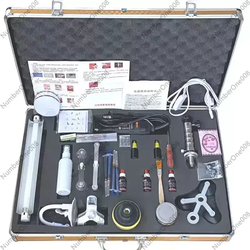Car front windshield repair kit, car glass crack repair professional accessories toolbox, stainless steel vacuum injection pump