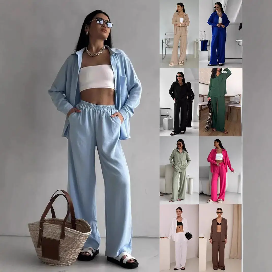 

Pure Color Open Cardigan with ket Wide Leg Pants Casual Women's Set Low Waist PVC Fabric Casual Sle for Middle-Aged Women