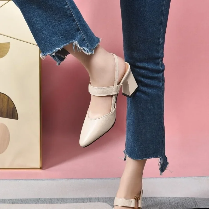 With Medium Heels Woman Shoes Buckles Sandals for Women Leather Comfort Luxury 2025 Daily Casual Vintage Summer Comfortable